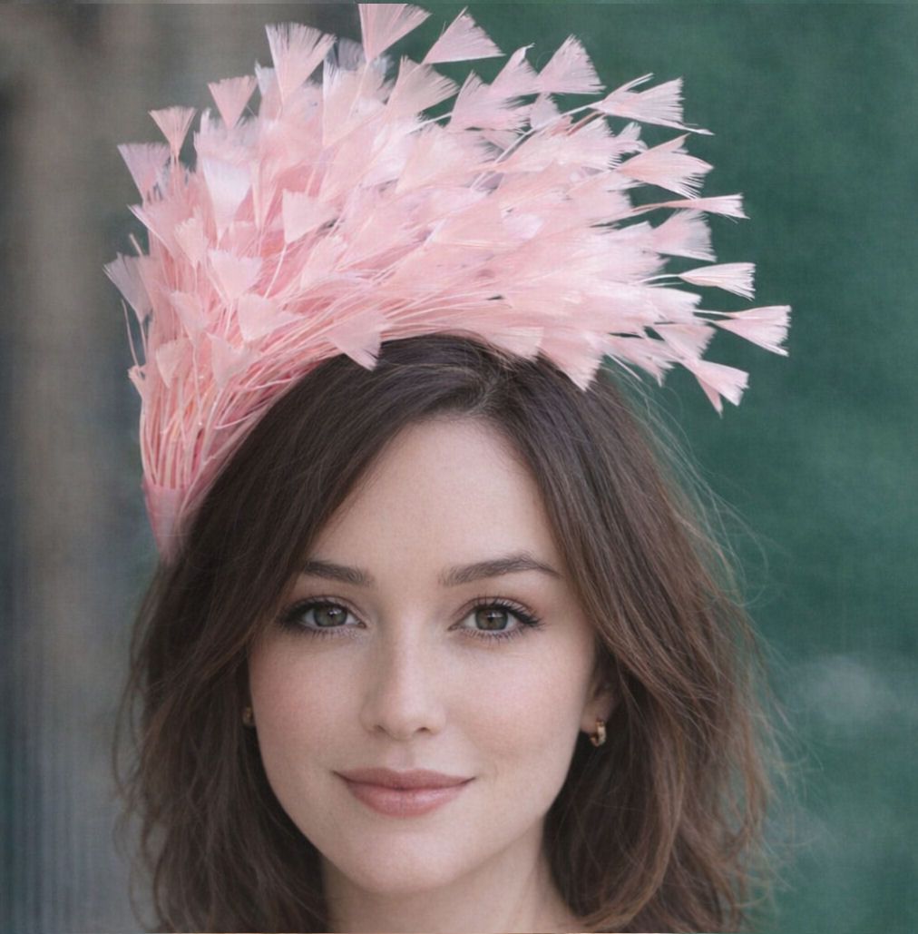 A young woman with fair skin and dark brown wavy hair wears a dramatic pink