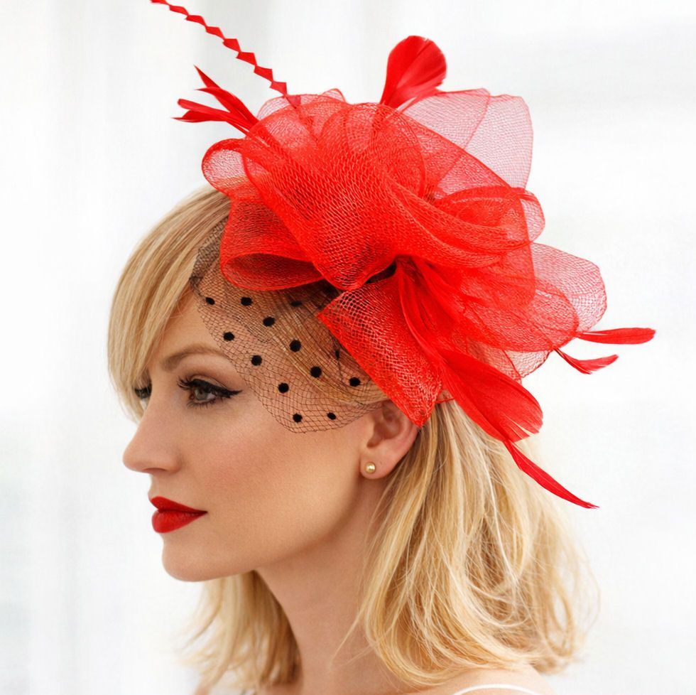 Red Wedding Fascinator with Black Polkadot Netting