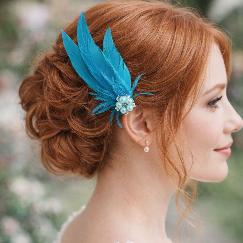 Dark Turquoise Feather Hair Clip, Pointed