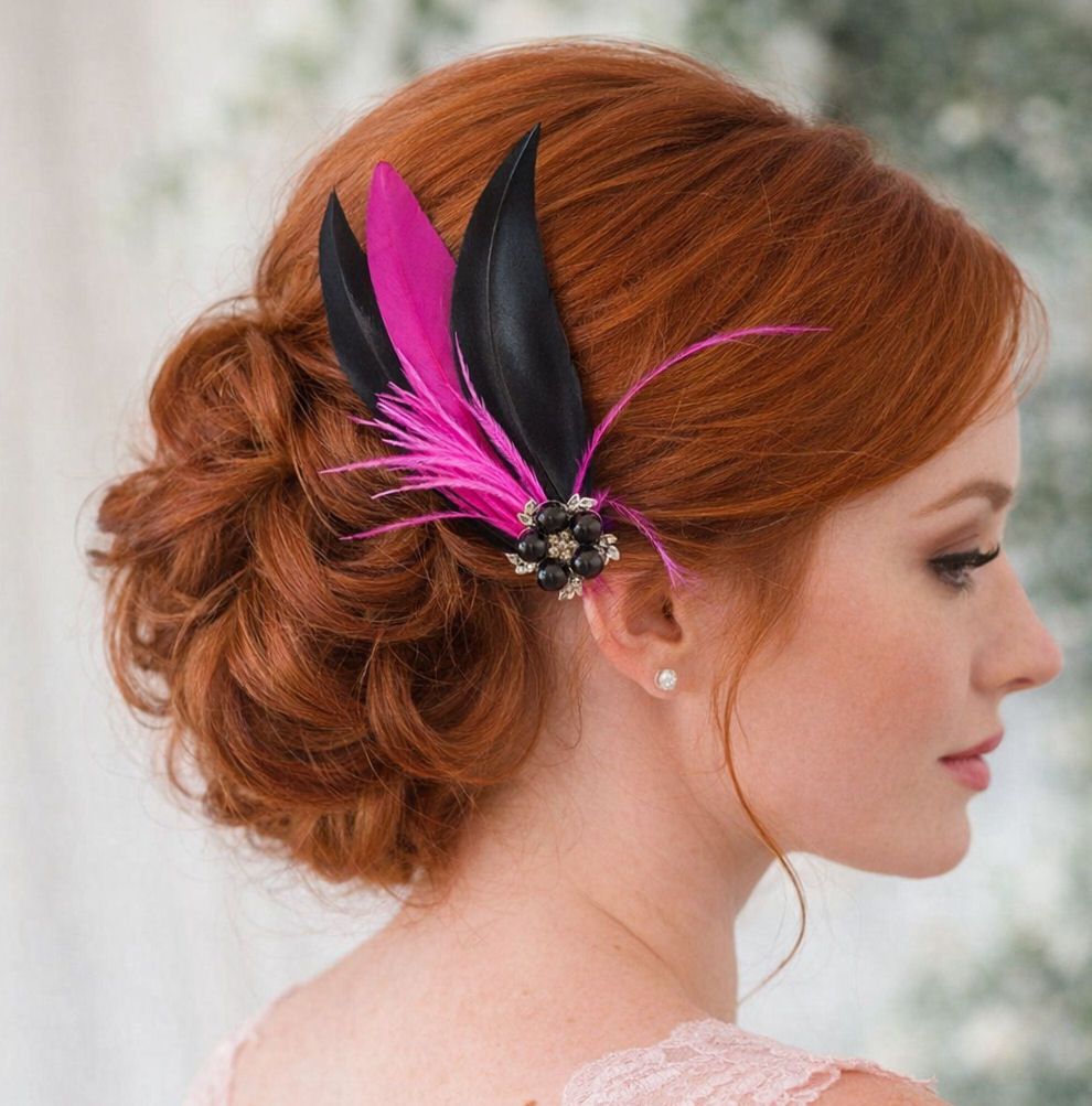 Dark Pink and Black Feather Hair Clip, Pointed
