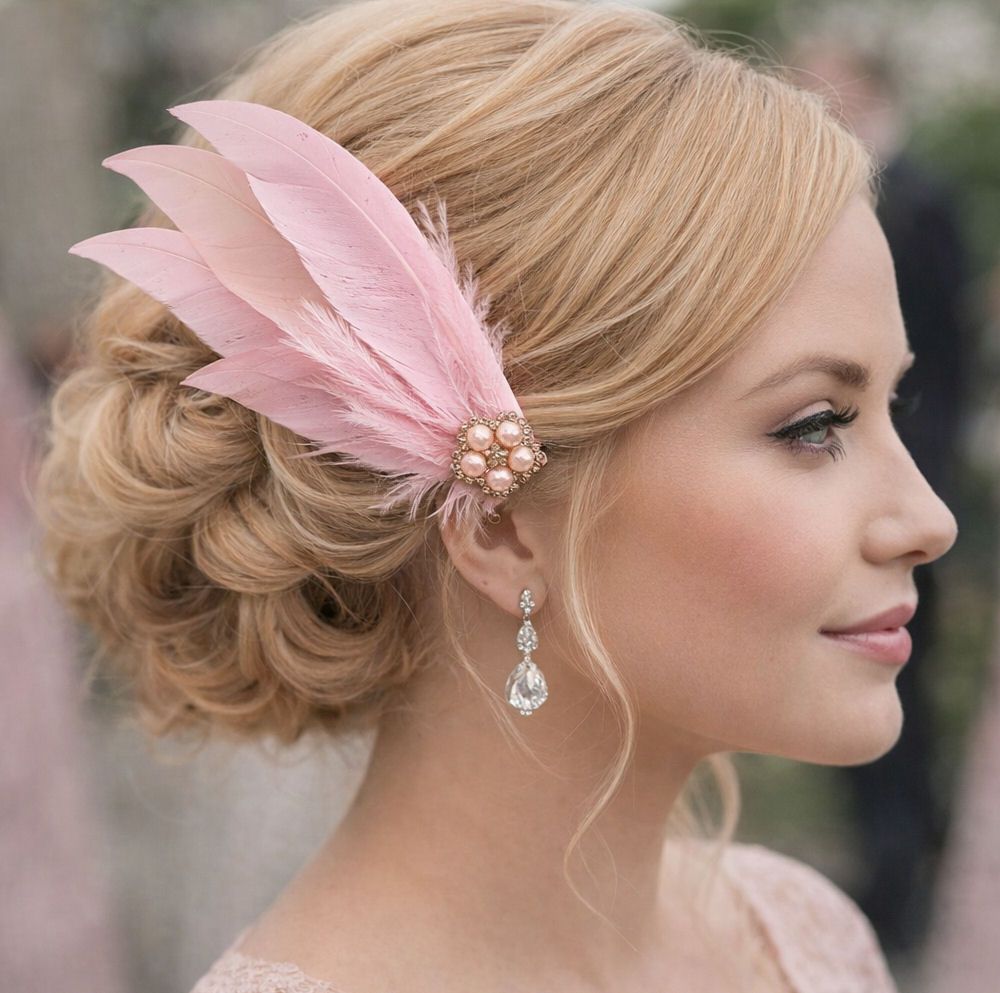 Baby Pink and Light Coral Feather Hair Clip, Pointed