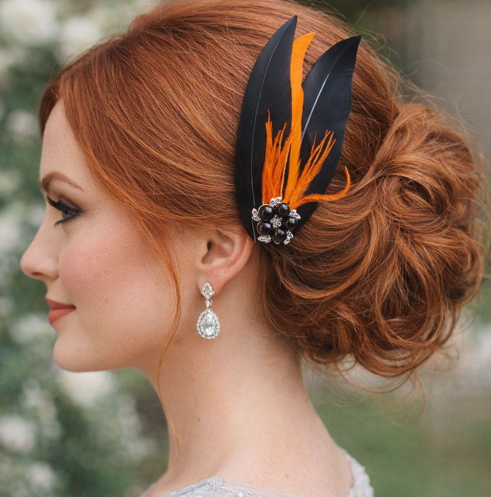 Black and Orange Feather Hair Clip, Pointed