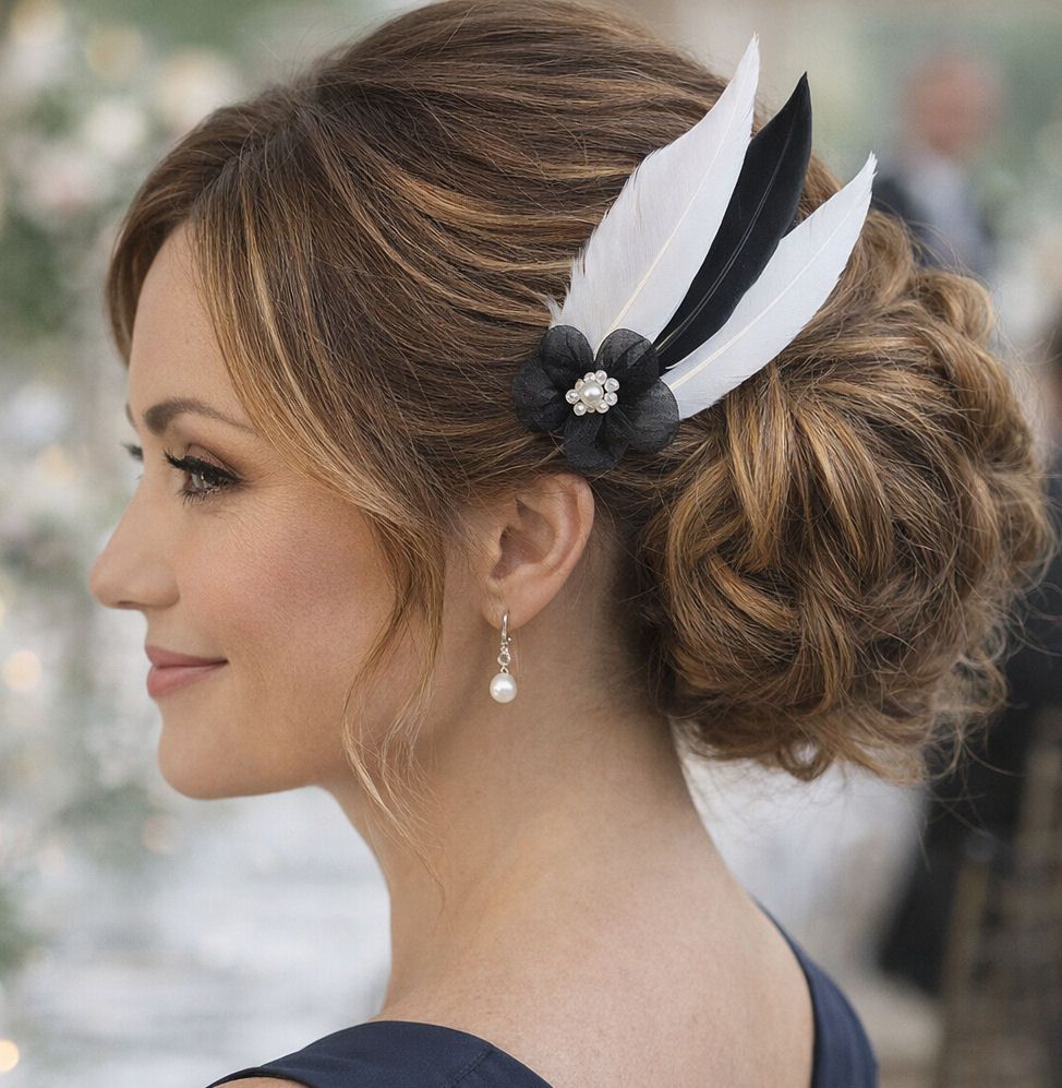 Black and White Feather Hair Clip with Flower and Pearl Embellishment
