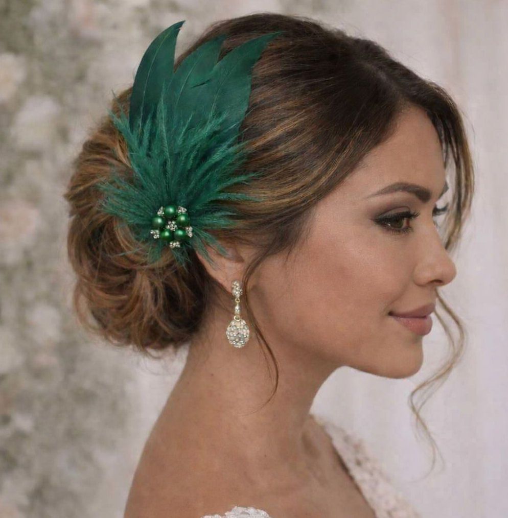 Dark Green Feather Hair Clip, Pointed