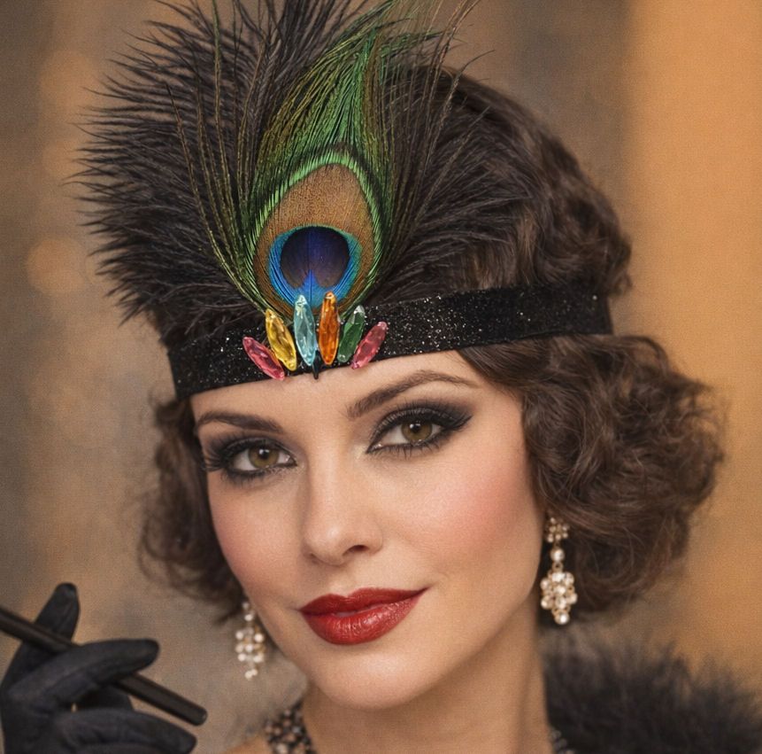Black Glitter Flapper Headband with Peacock Feather and Gemstones