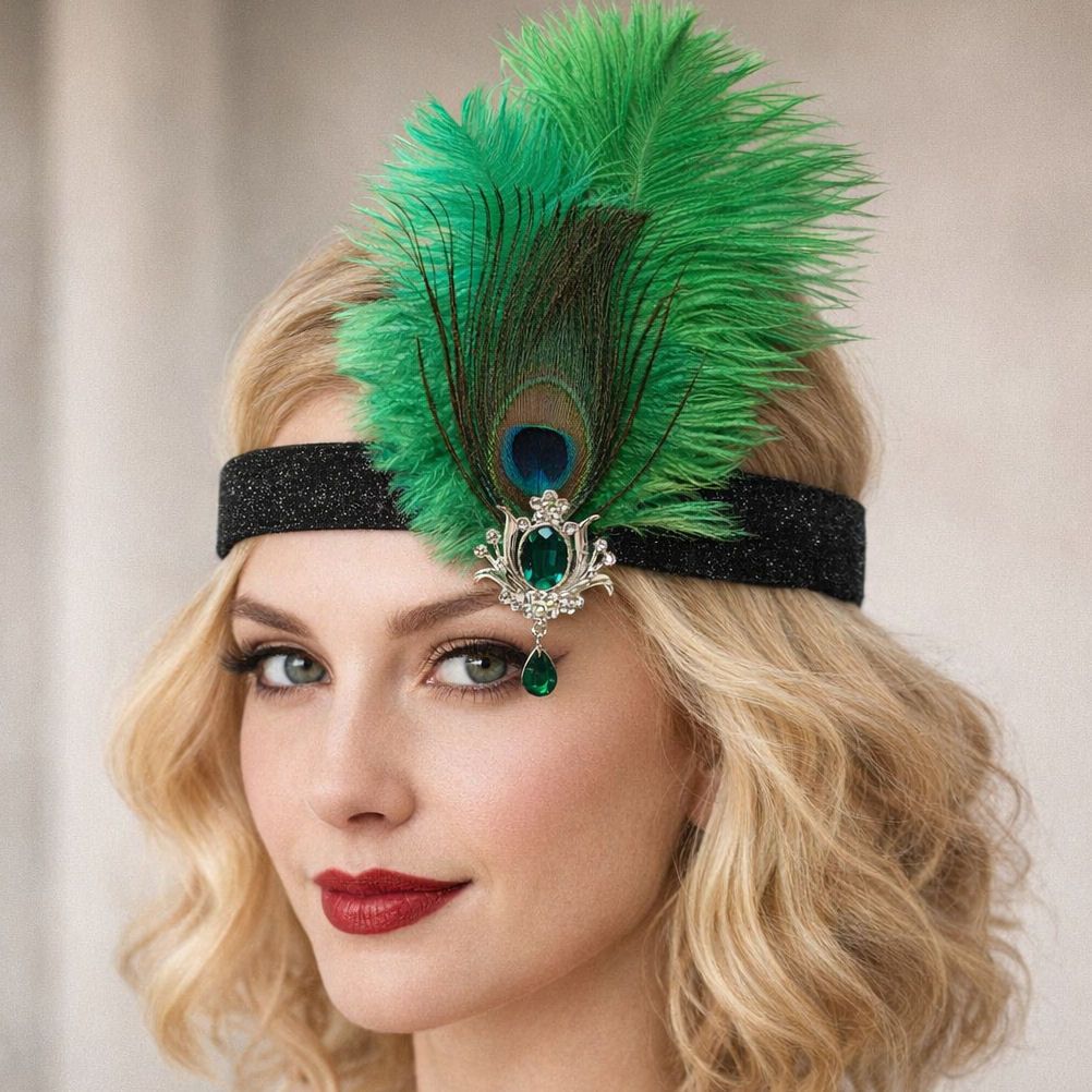 Green & Black Glitter Flapper Headband with Silver Brooch