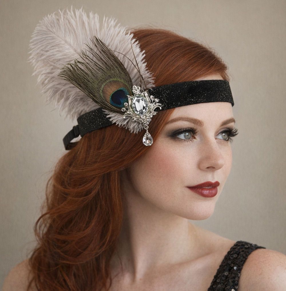 Silver & Black Glitter Flapper Headband with Crystal Gem