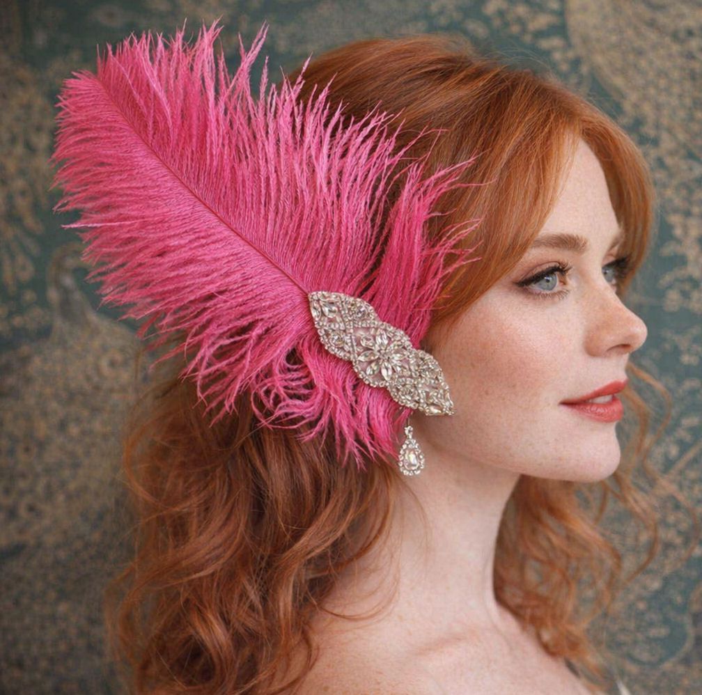 Strawberry Pink Ostrich Feather Hair Piece, Clip Style with Diamante Crystal Applique