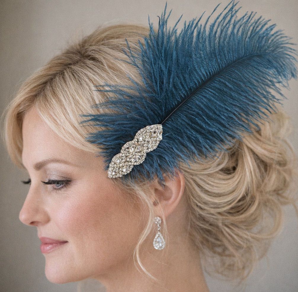Deep Teal Ostrich Feather Hair Piece, Clip Style with Diamante Crystal Applique