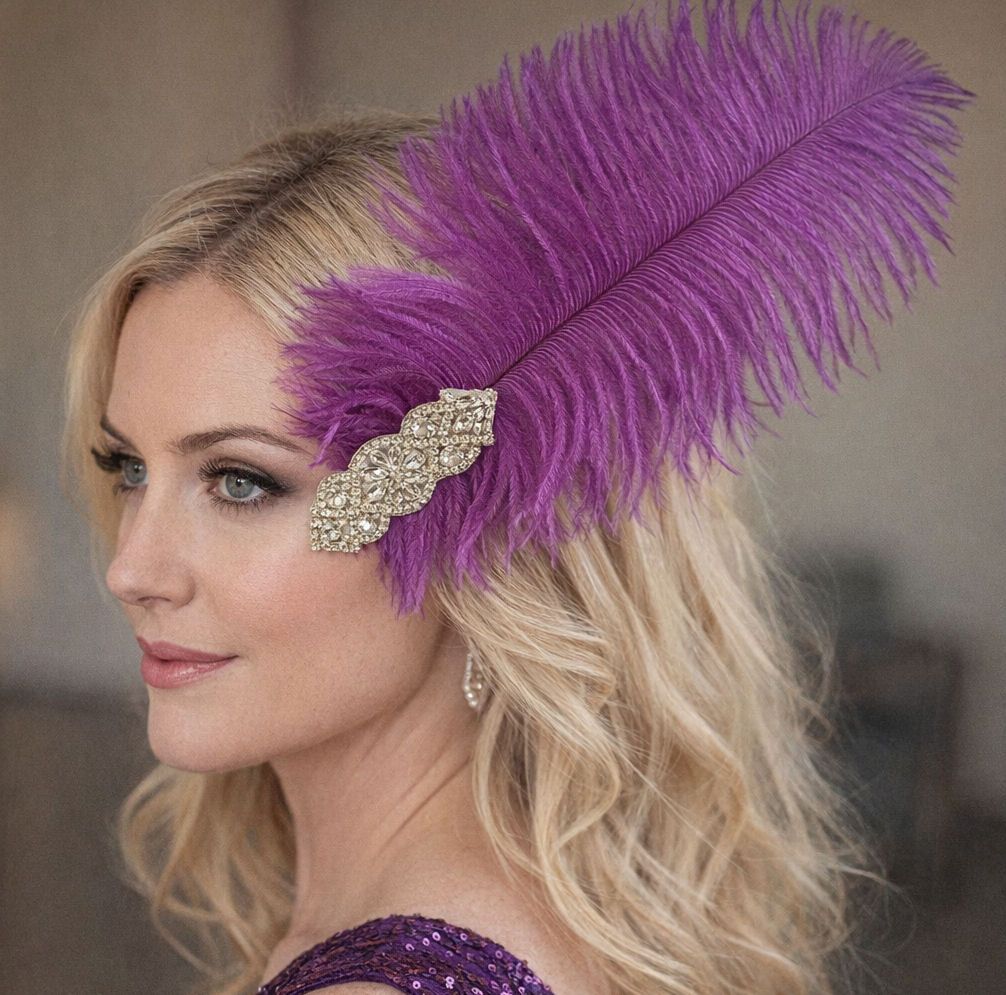 Purple Ostrich Feather Hair Piece, Clip Style with Diamante Crystal Applique