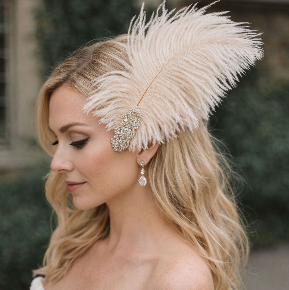 Cream Ostrich Feather Hair Piece, Clip Style with Diamante Crystal Applique