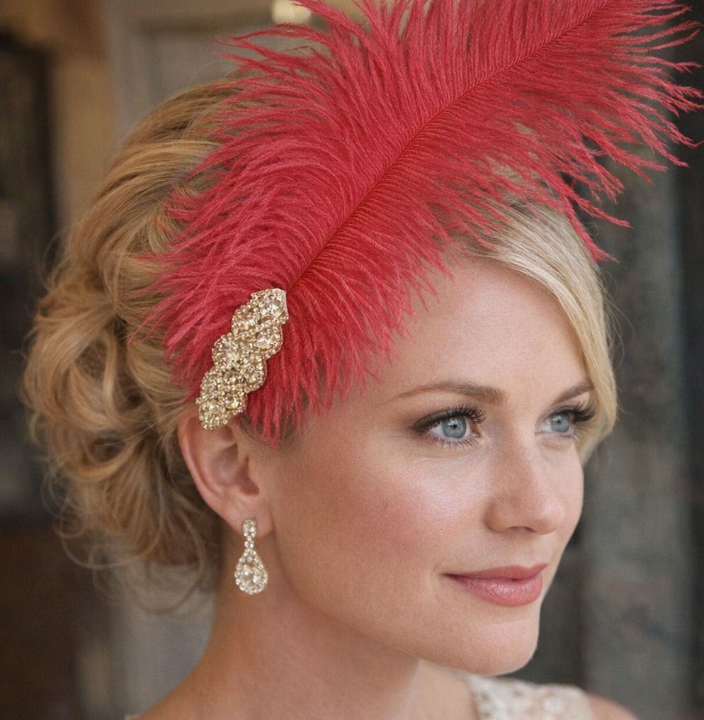 Dark Red Ostrich Feather Hair Piece, Clip Style with Diamante Crystal Applique