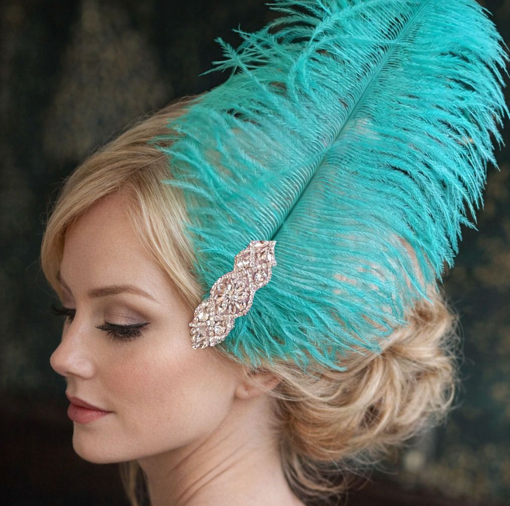 Jade Green Ostrich Feather Hair Piece, Clip Style with Diamante Crystal Applique