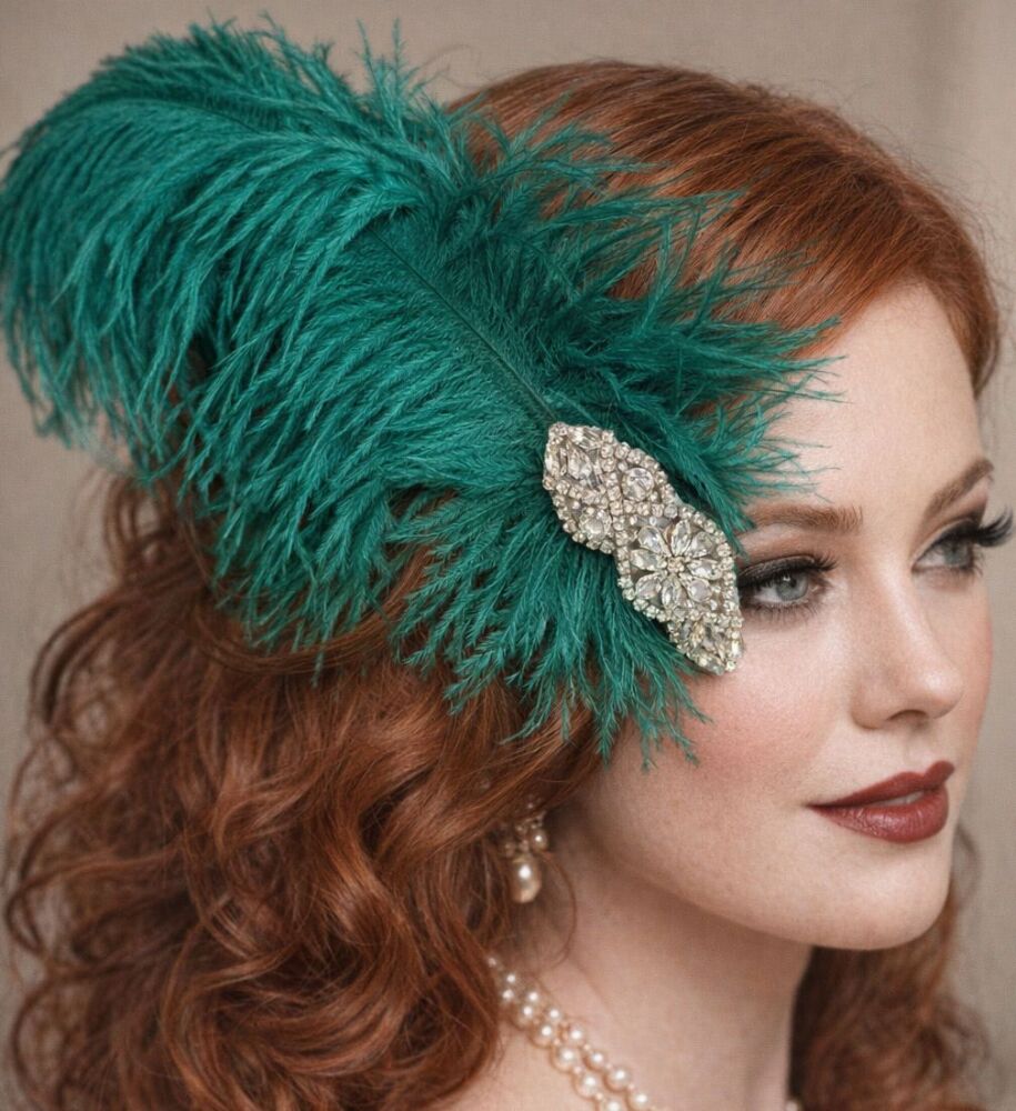 Dark Green Ostrich Feather Hair Piece, Clip Style with Diamante Crystal Applique