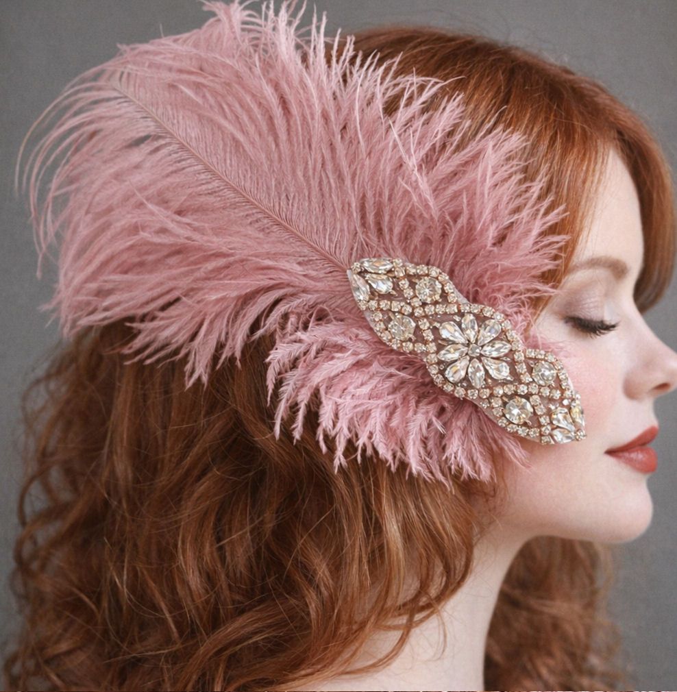 profile of a fair-skinned woman with wavy red hair wearing a dramatic pink 