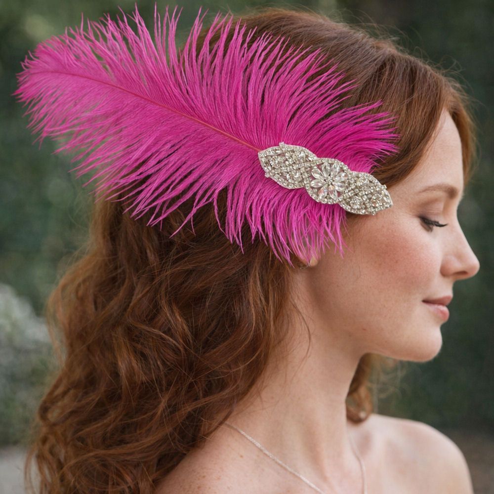 Shocking Pink Ostrich Feather Hair Piece, Clip Style with Diamante Crystal Applique