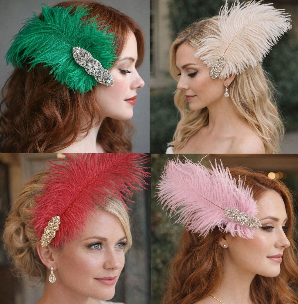 Ostrich Feather Flapper Clips: Diamante Applique