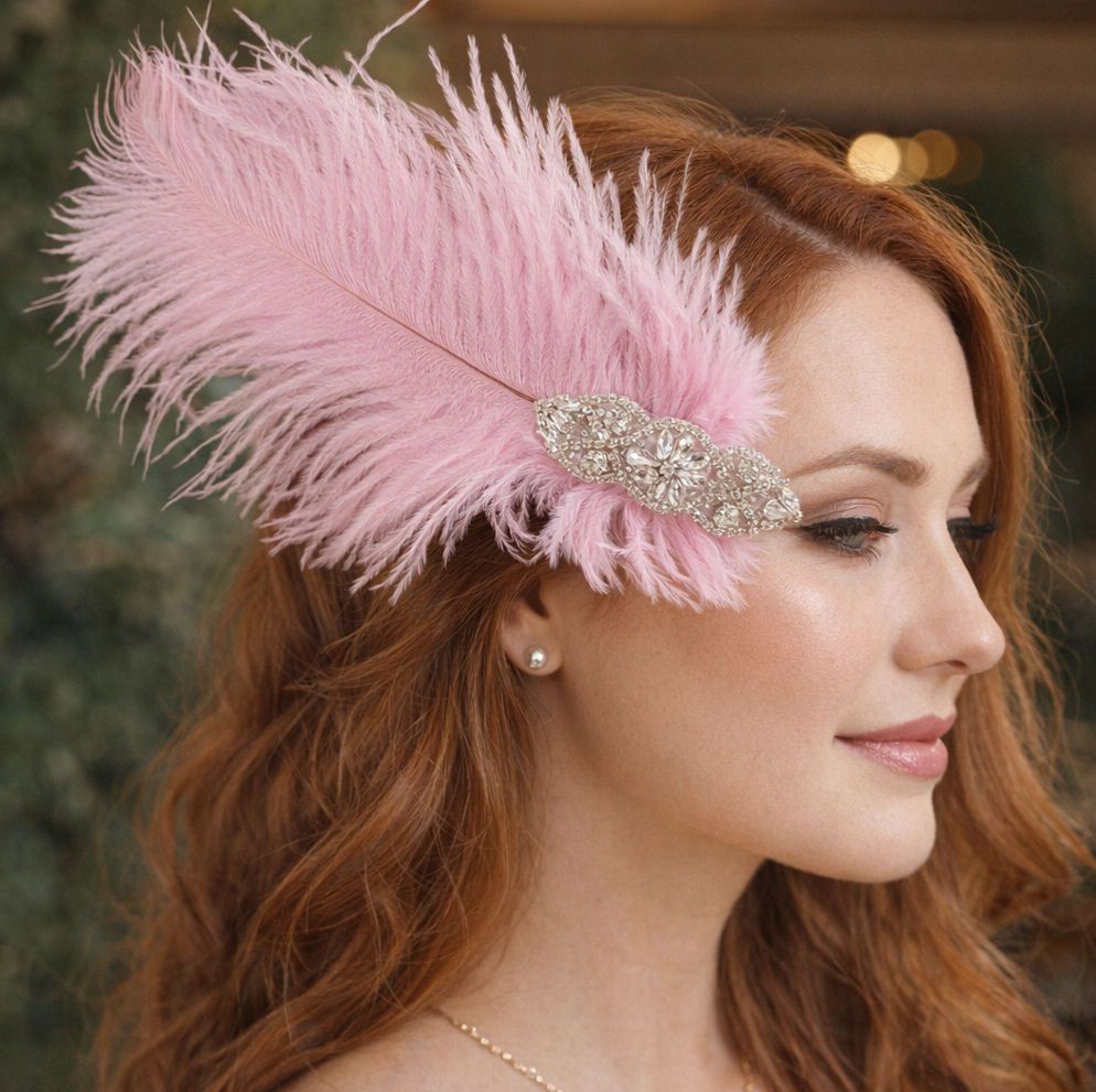 Baby Pink Ostrich Feather Hair Piece, Clip Style with Diamante Crystal Applique