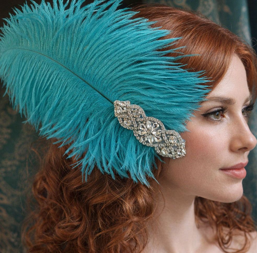 Aqua Blue Ostrich Feather Hair Piece, Clip Style with Diamante Crystal Applique