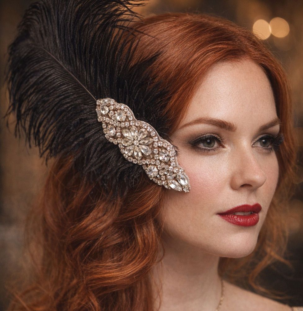 Black Ostrich Feather Hair Piece, Clip Style with Diamante Crystal Applique