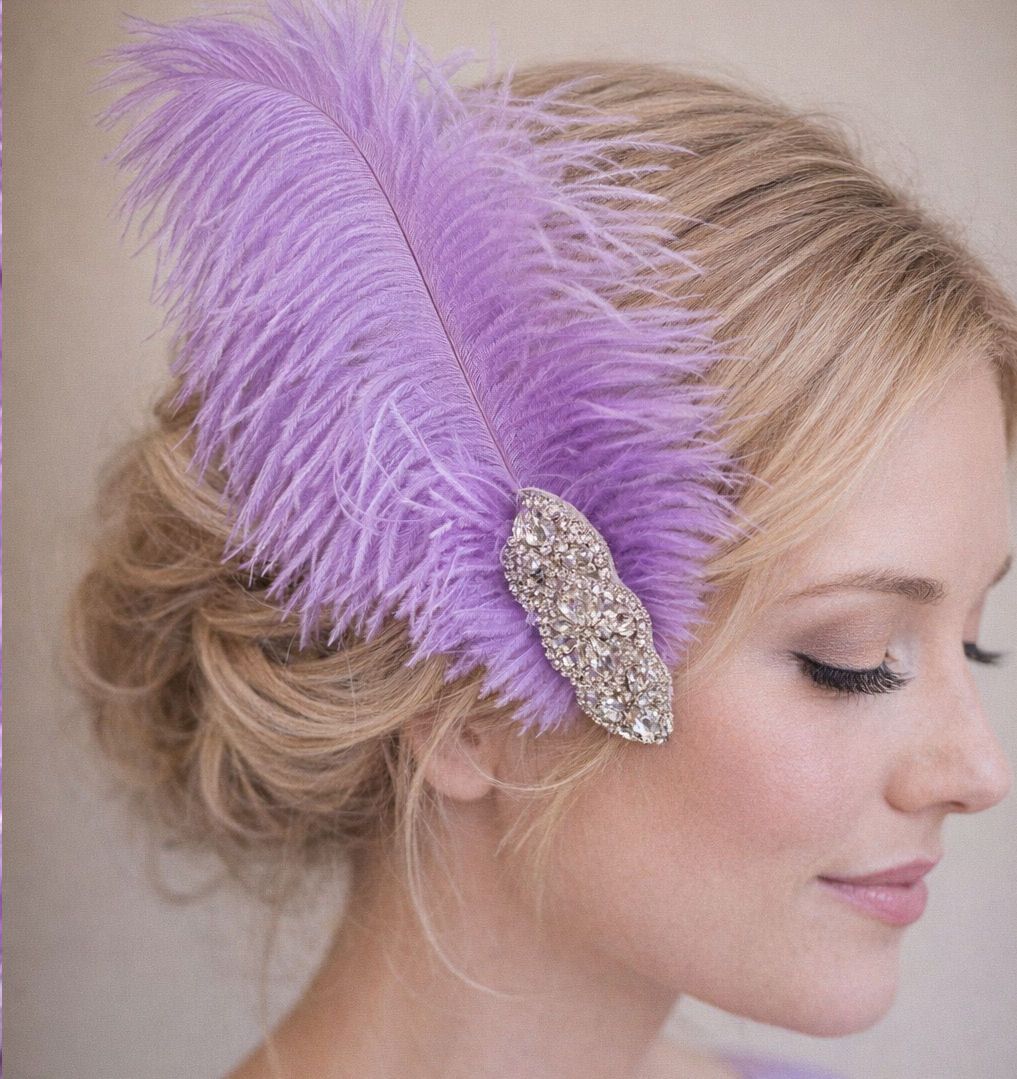 Lavender Ostrich Feather Hair Piece, Clip Style with Diamante Crystal Applique