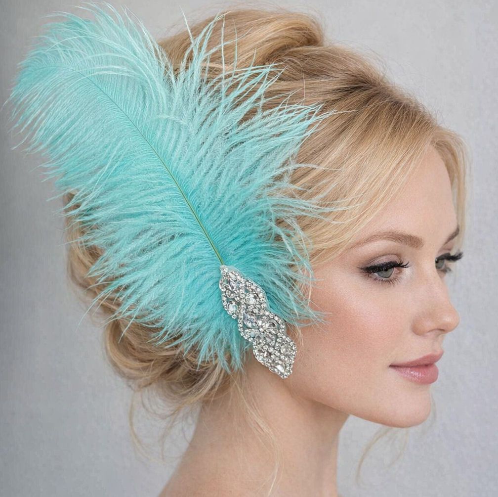 Mint Green Ostrich Feather Hair Piece, Clip Style with Diamante Crystal Applique