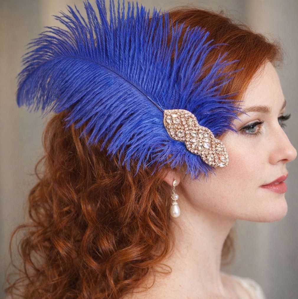 Royal Blue Ostrich Feather Hair Piece, Clip Style with Diamante Crystal Applique