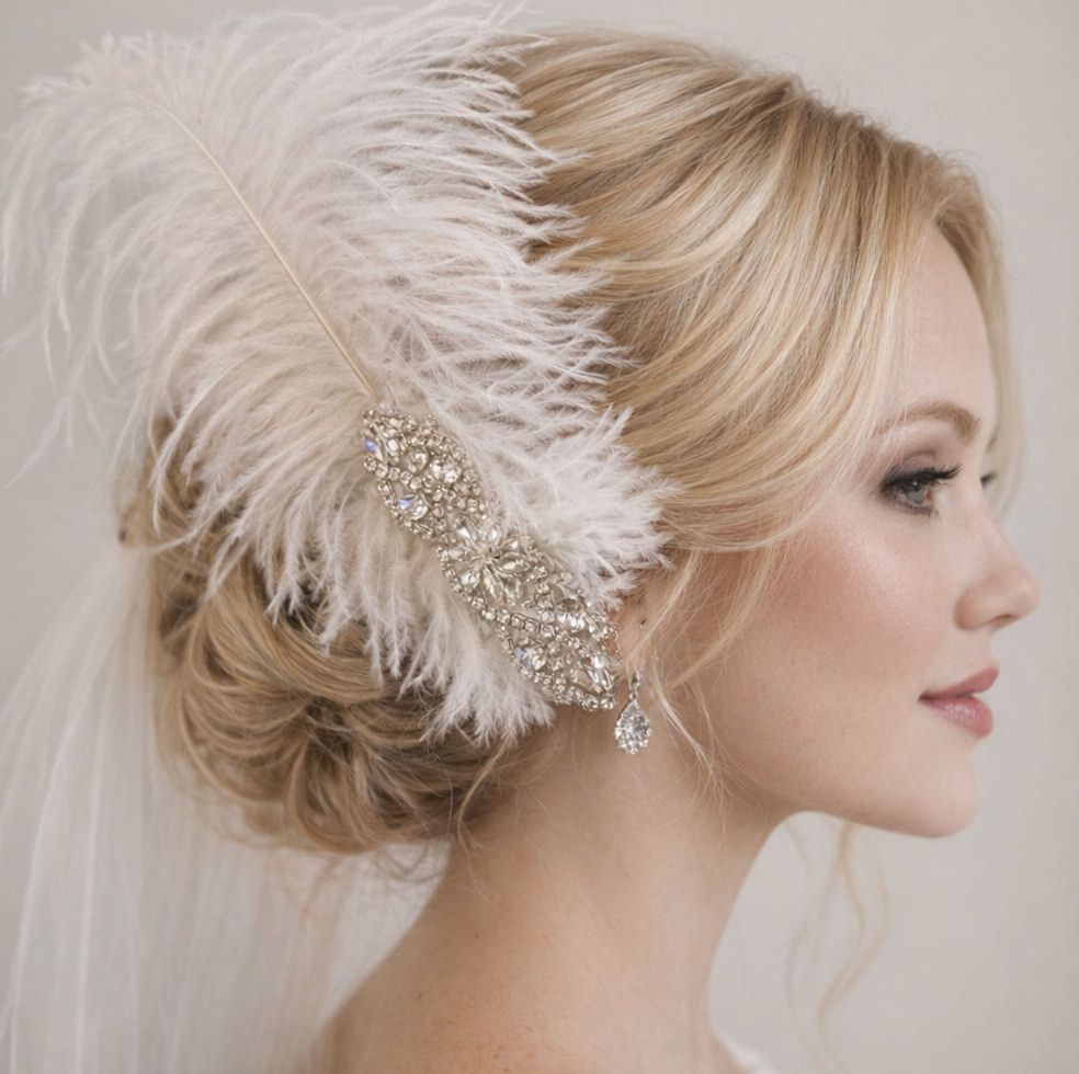 White Ostrich Feather Hair Piece, Clip Style with Diamante Crystal Applique