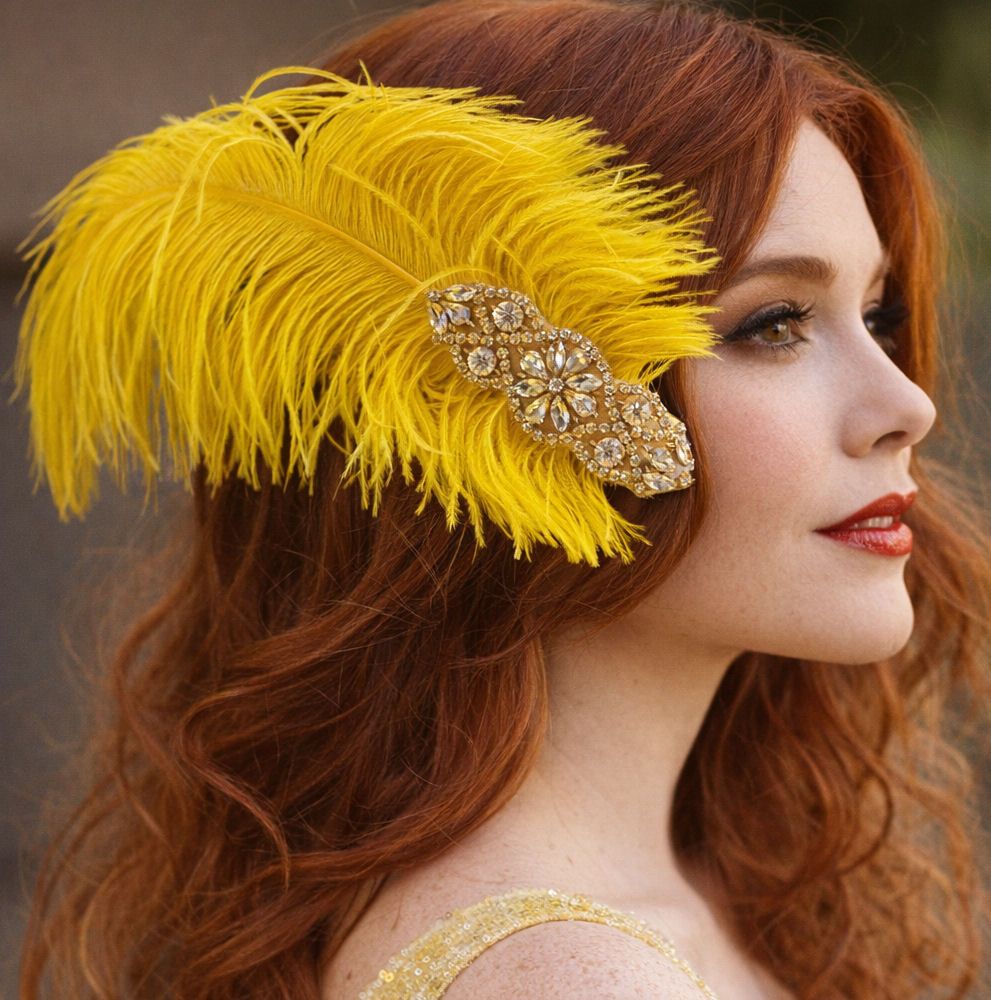 Yellow Ostrich Feather Hair Piece, Clip Style with Diamante Crystal Applique