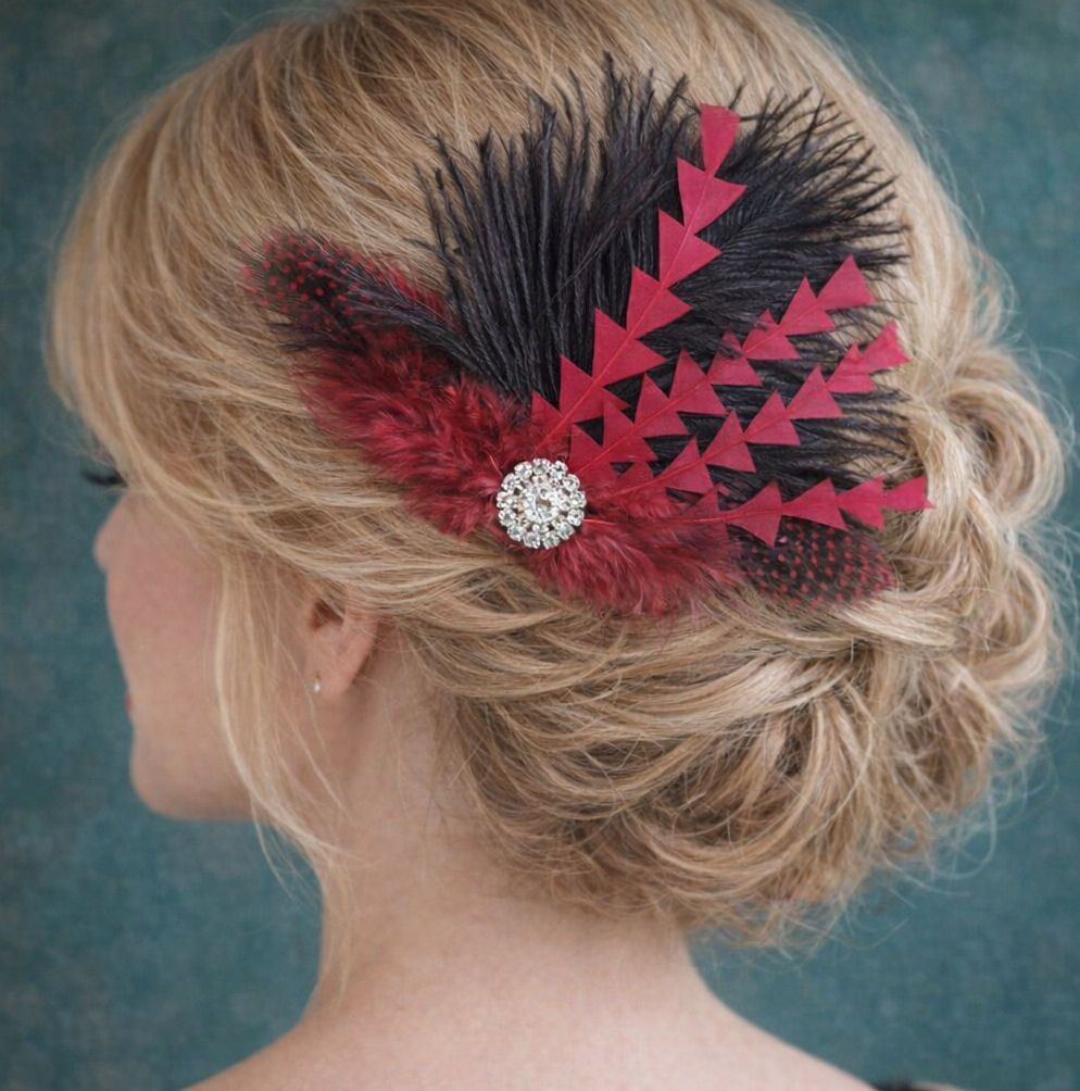 Dark Red, Red and Black Feather Hair Clip