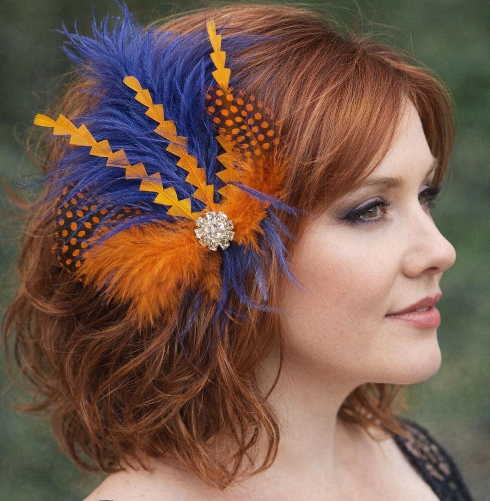 Navy Blue and Orange Feather Hair Clip