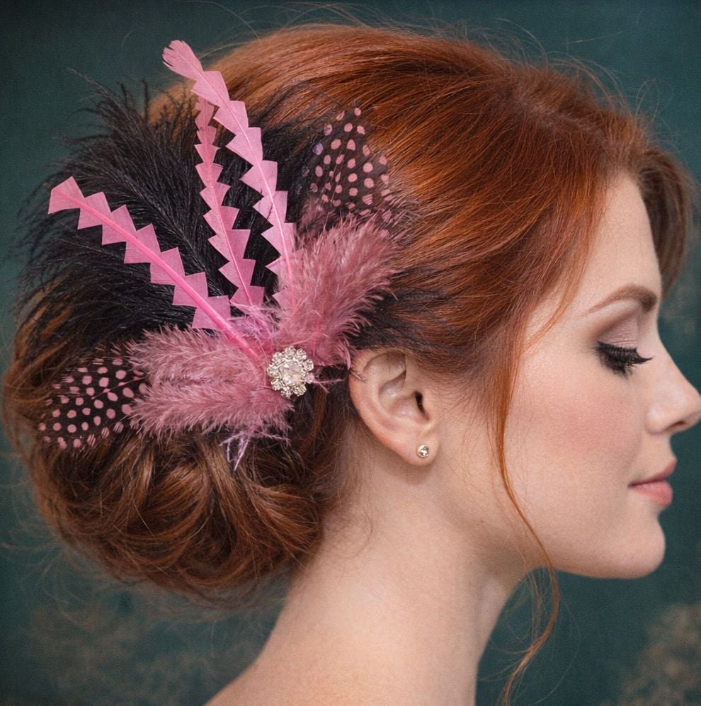 Pink and Black Feather Hair Clip