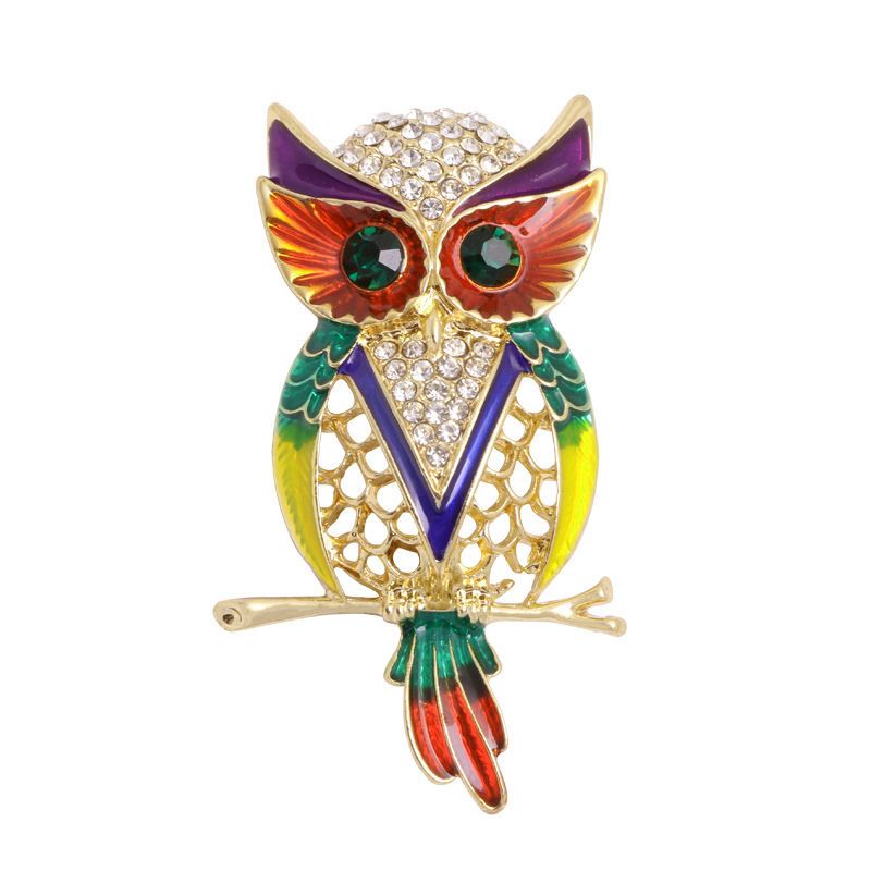Owl Metal Gold and Multicolour Brooch