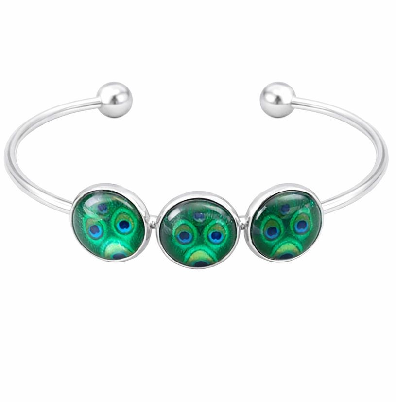 Silver Cuff Bracelet with Peacock Eye Feather Cabochons