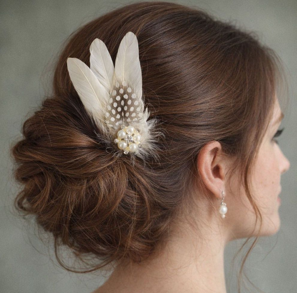 Brunette updo with cream feather hairpiece and pearl cluster.