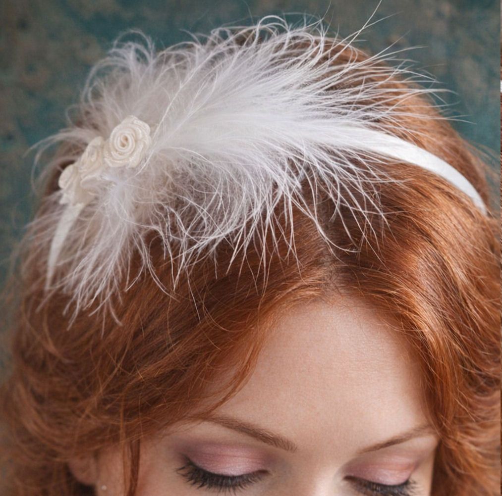 White Feather Headband with Rose Bud Detail