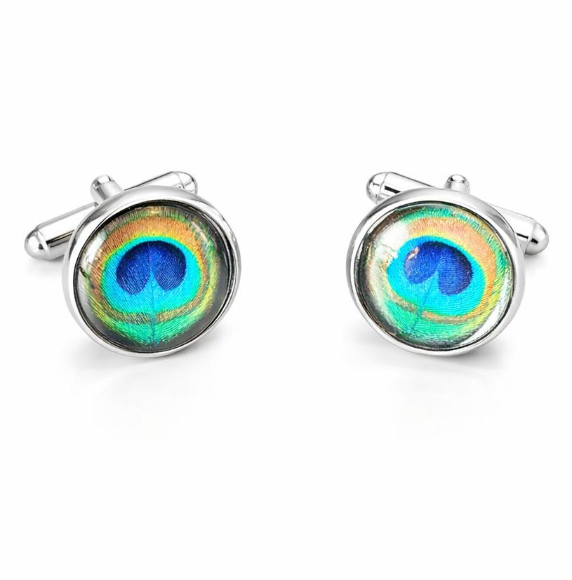 Peacock Feather Cufflinks &ndash; Elegant Silver-Tone Design