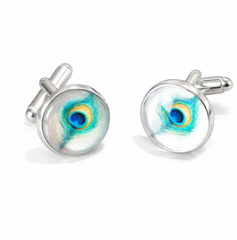 Vintage-Style Peacock Feather Cufflinks &ndash; Elegant Silver-Toned Men's Accessory