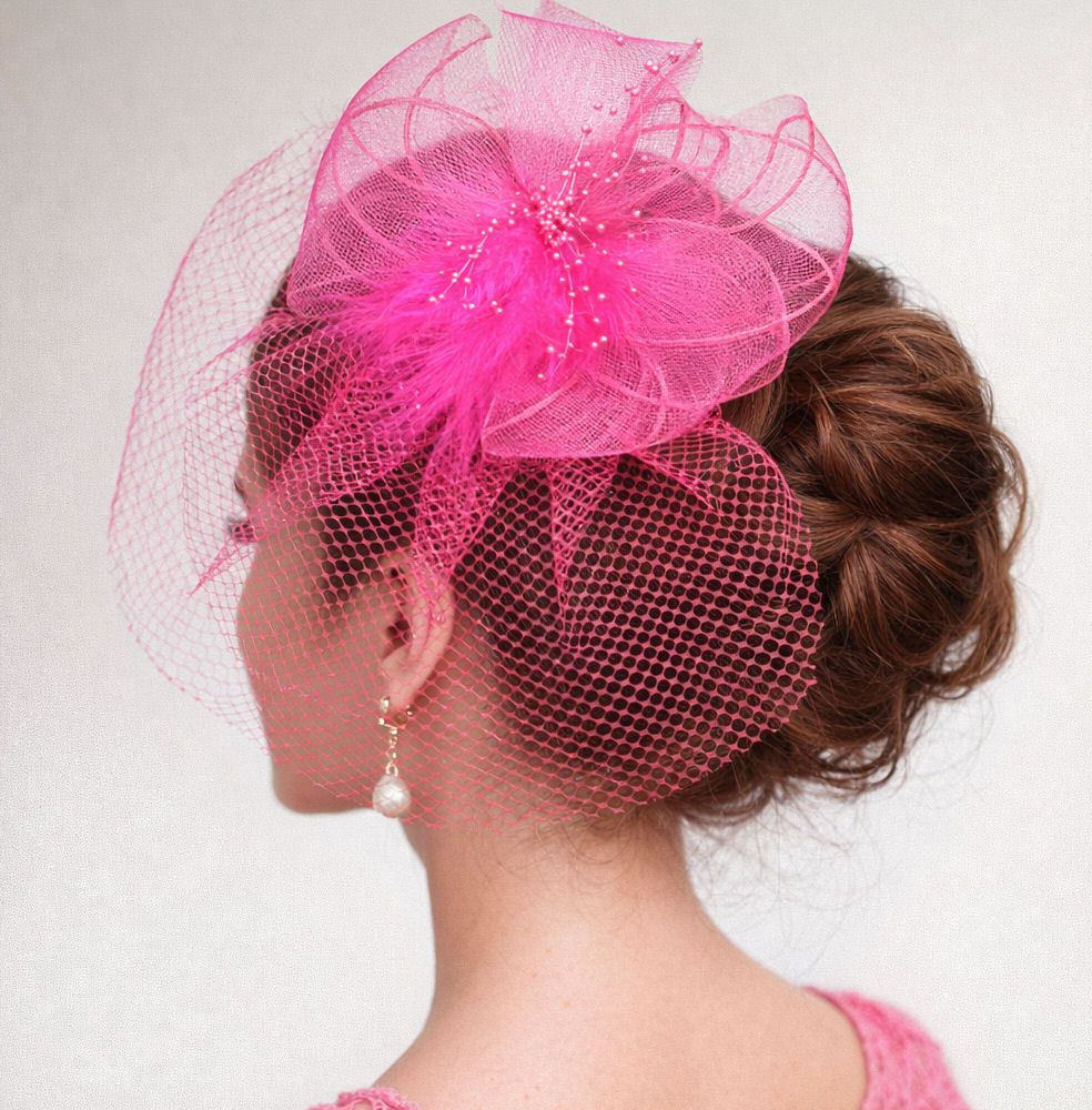 Dark Pink Veil Wedding Fascinator Clip