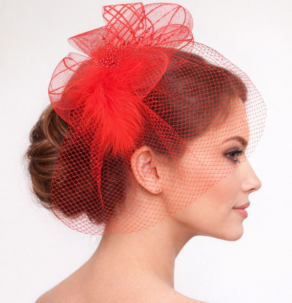 Red Veil Wedding Fascinator - Choice of Clip or Headband