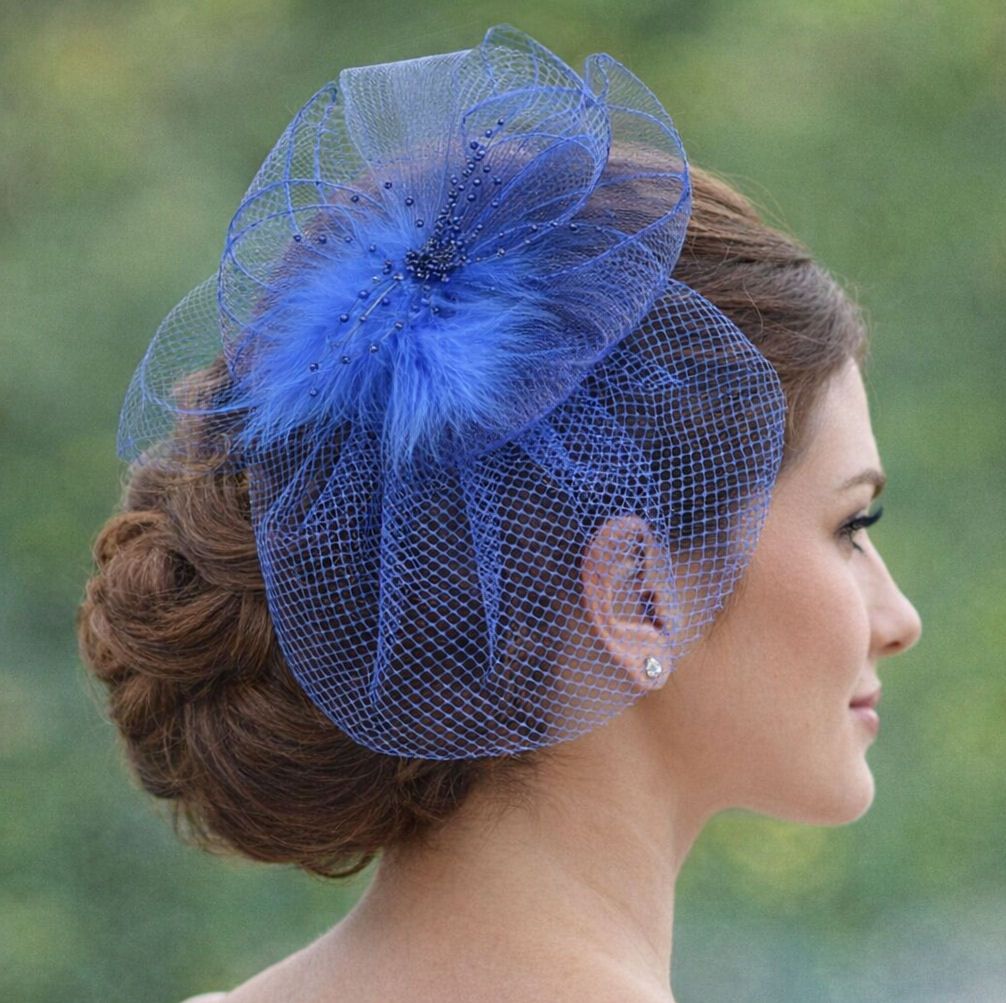 Royal Blue Veil Wedding Fascinator Clip
