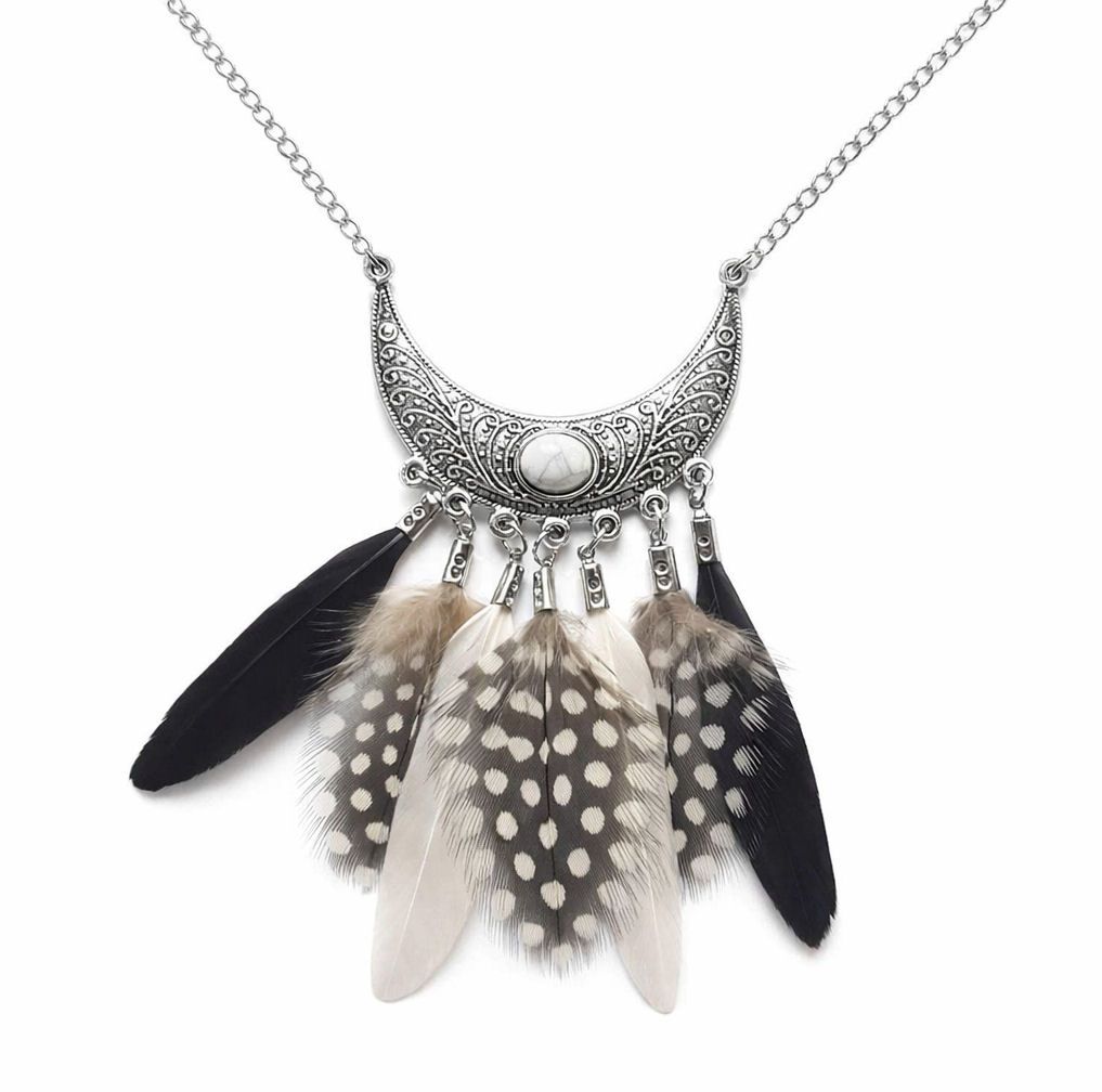 Chandelier Silver Necklace with Black and White Goose Feathers & Spotty Guinea Feathers