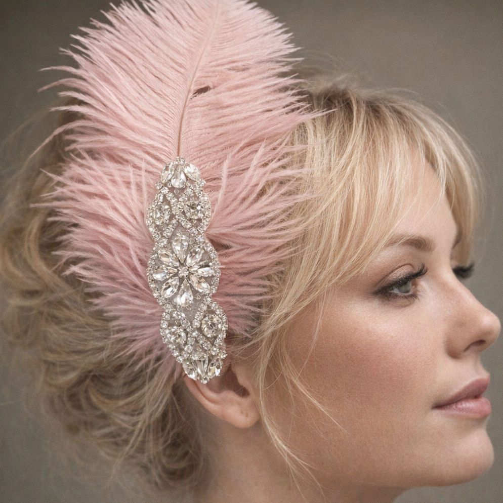 Blonde woman wearing pink feather and rhinestone headpiece, styled in vinta