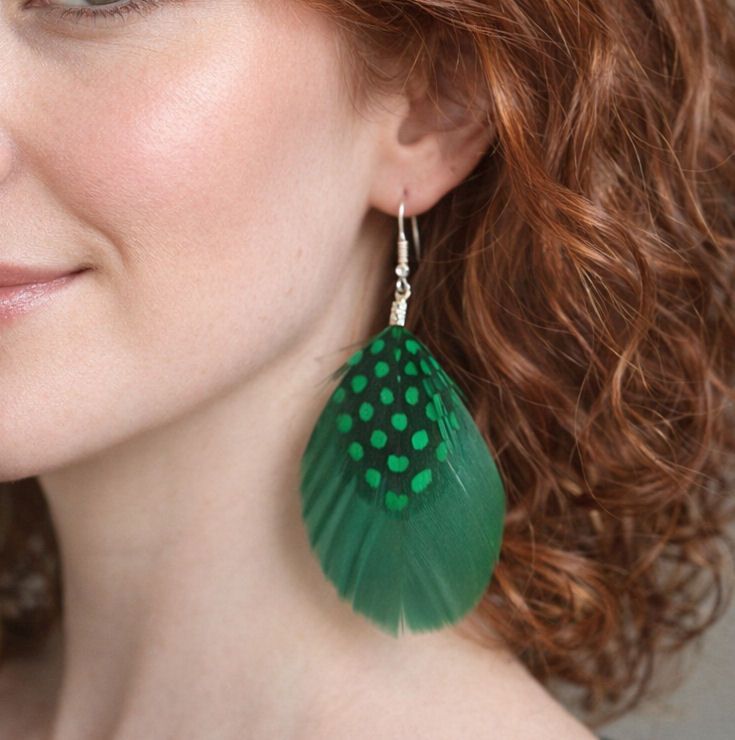 Dark Green Feather Earrings with Guinea Feathers