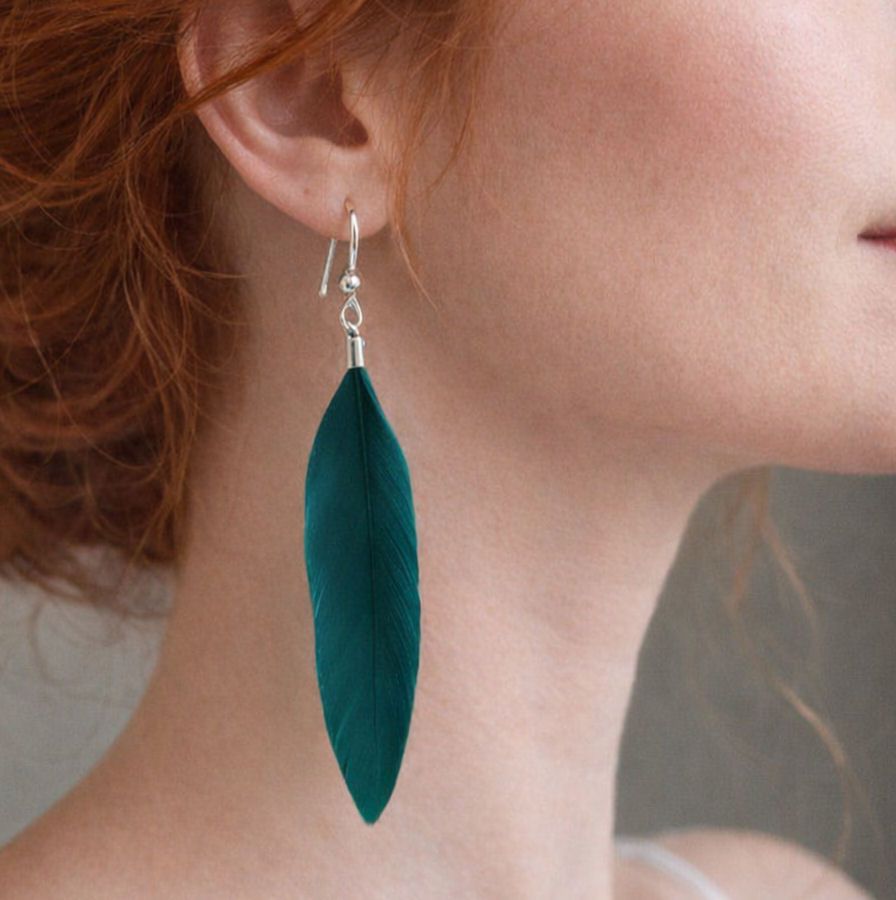 Deep Teal and Silver Goose Feather Earrings