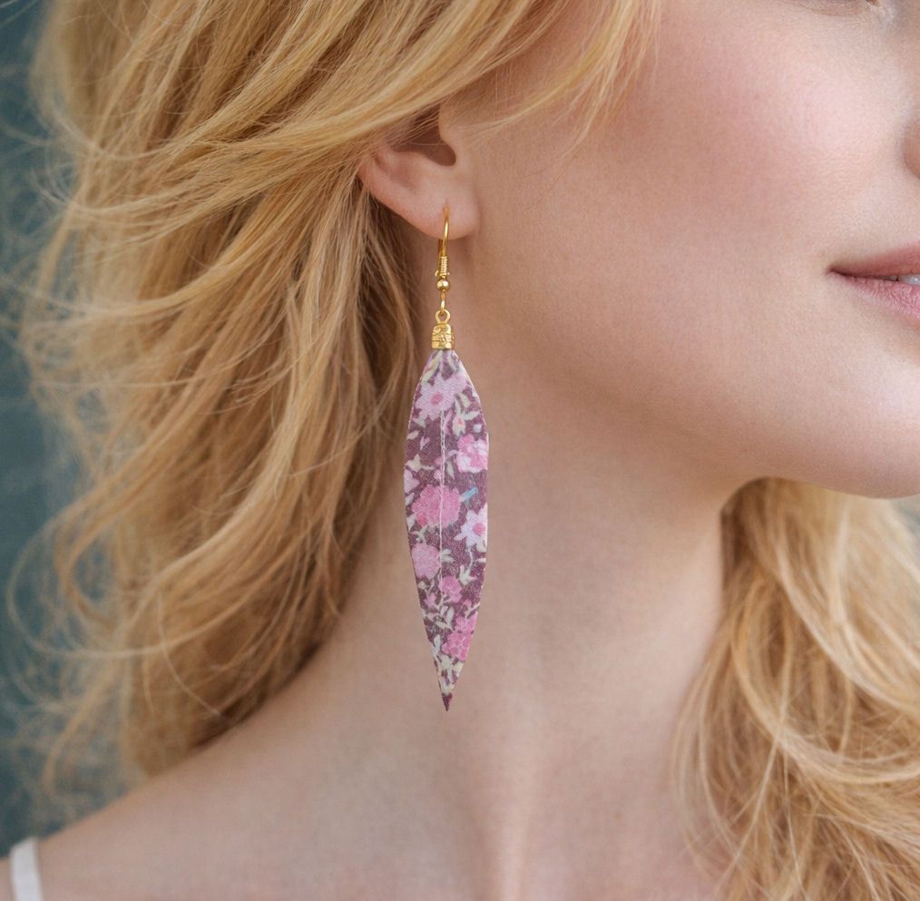 Feather Earrings with Black Floral Print Pattern