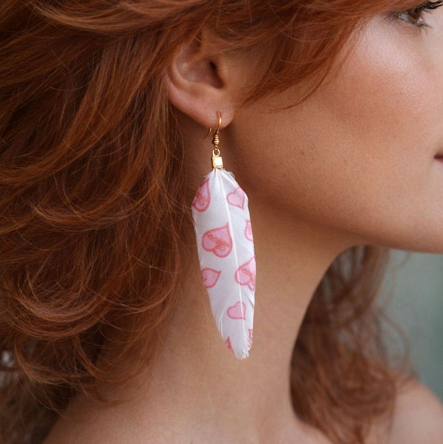 Feather Earrings with Love Heart Print Pattern