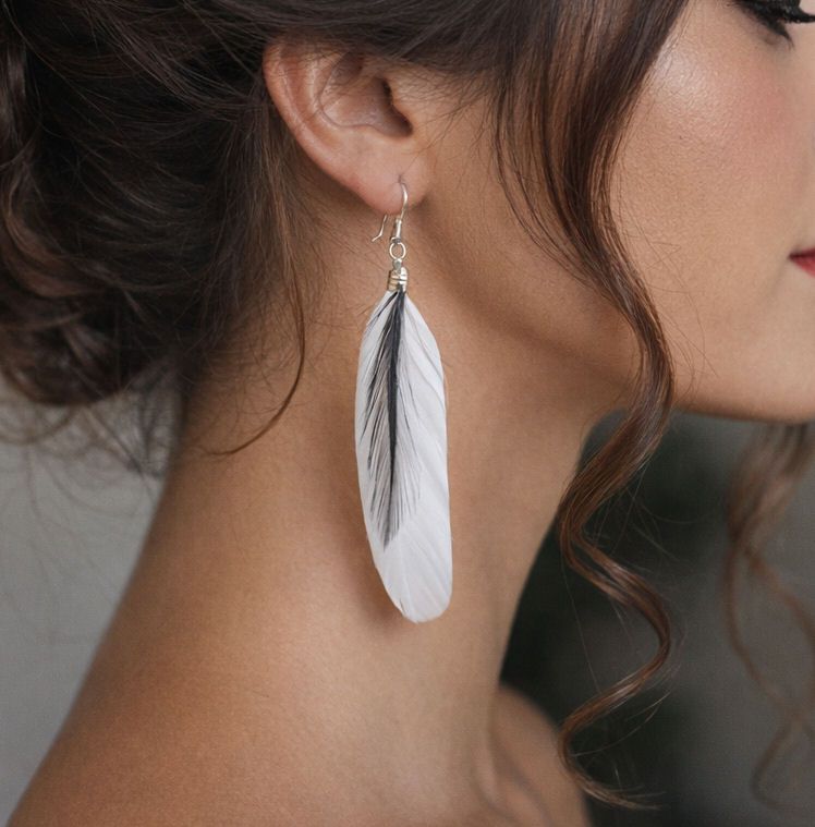 White and Black Feather Earrings - Silver Hooks