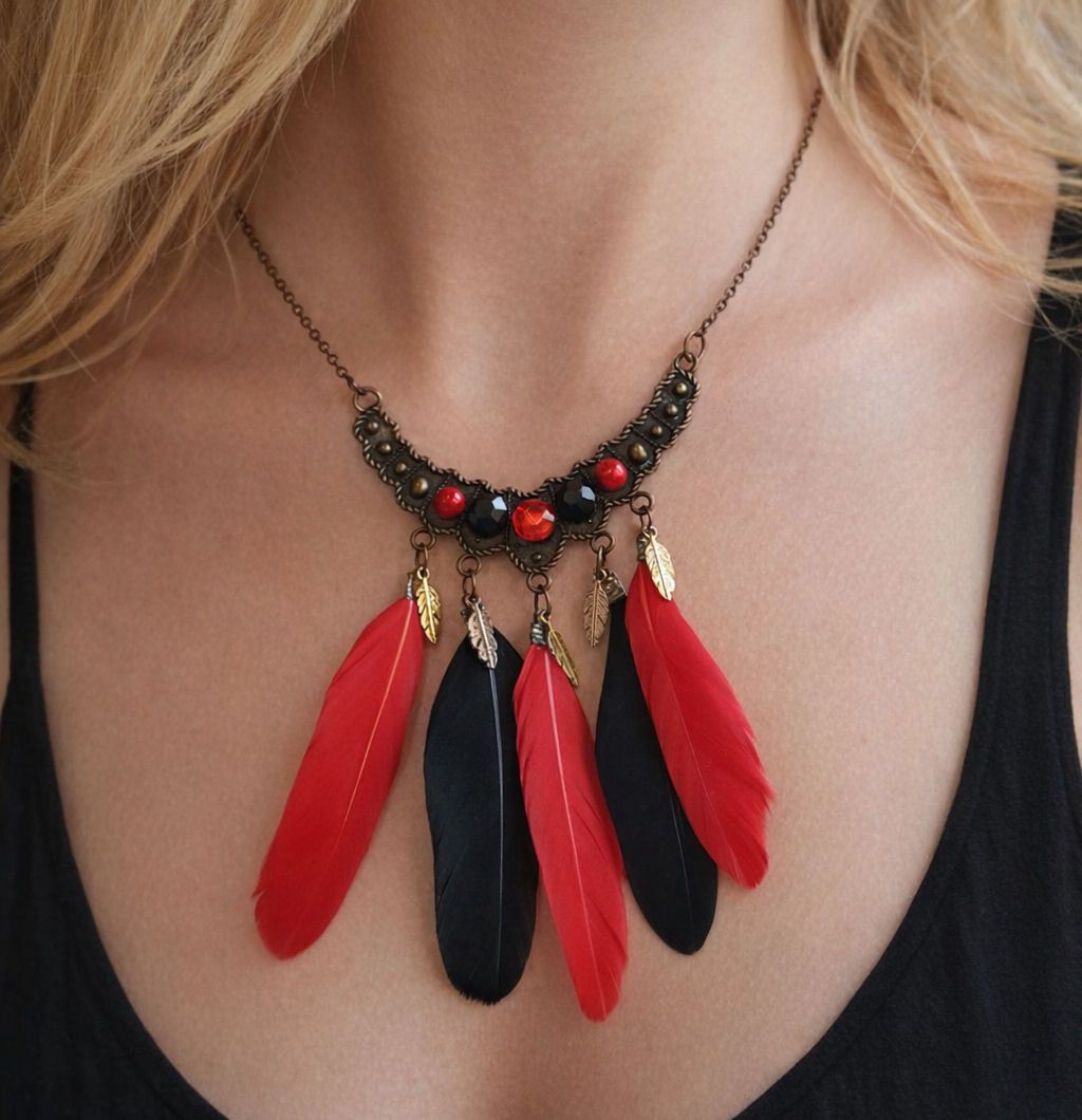 Bohemian Feather Charm Necklace &ndash; Red & Black Feathers with Bronze Detailing