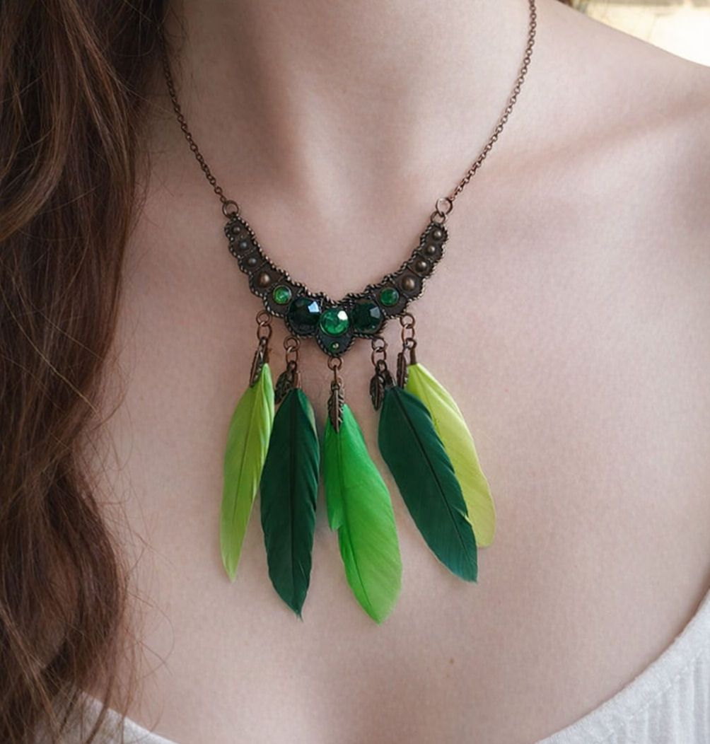 Bohemian Feather Charm Necklace &ndash;Green Feathers with Bronze Detailing